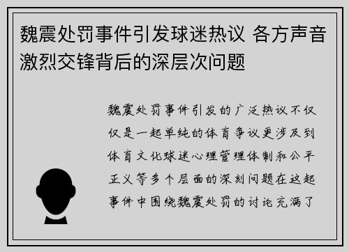 魏震处罚事件引发球迷热议 各方声音激烈交锋背后的深层次问题