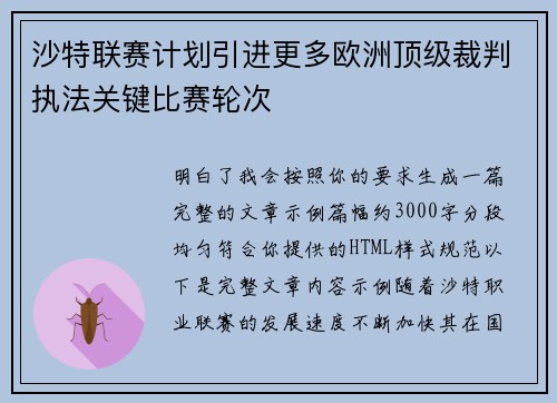 沙特联赛计划引进更多欧洲顶级裁判执法关键比赛轮次